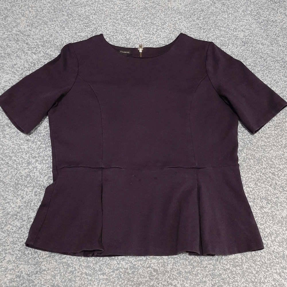 TALBOTS Deep Purple Peplum Elbow Sleeve Blouse Size L